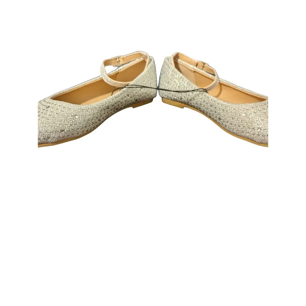 Adrienne Vittadini Girls Silver Rhinestone Ballet Flats with Ankle Strap Size 3